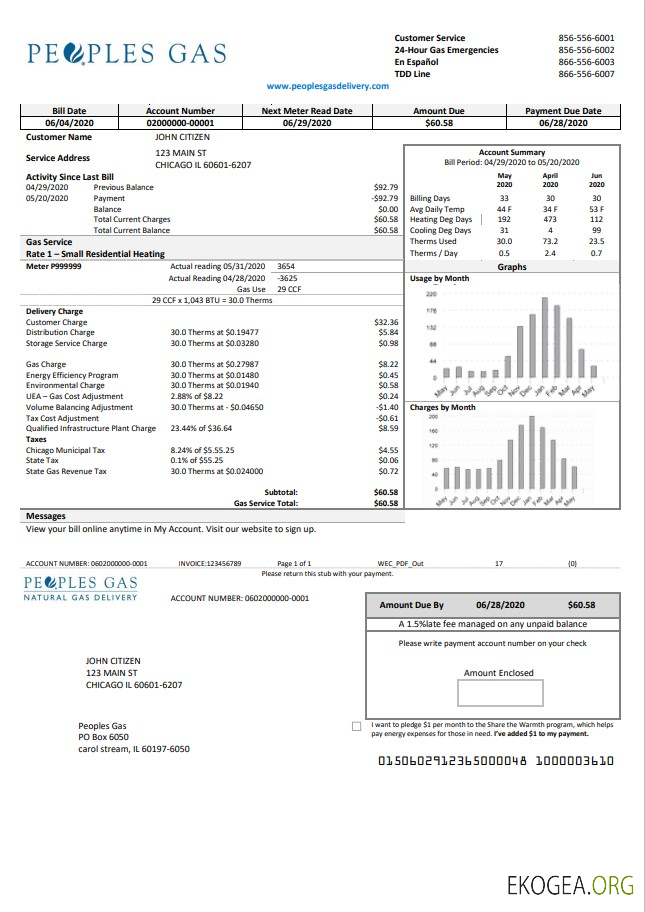 USA Illinois Peoples Gas utility bill template in Word and PDF format